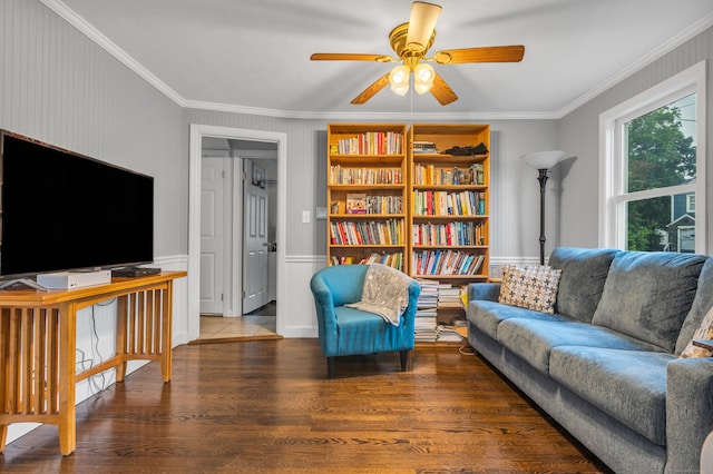 21 Pond Rd, Hamden, CT 06514 - living room featuring ornamental molding, ceiling fan, and wood finished floors