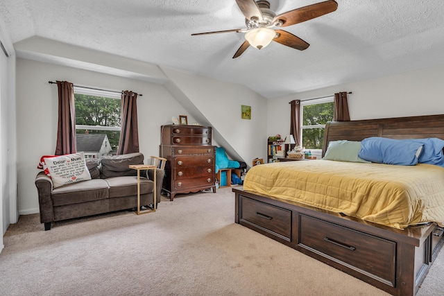 21 Pond Rd, Hamden, CT 06514 - bedroom featuring lofted ceiling, light carpet, a textured ceiling, and a ceiling fan