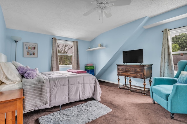 21 Pond Rd, Hamden, CT 06514 - bedroom with carpet floors, a textured ceiling, lofted ceiling, and ceiling fan