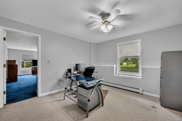 122 Carr Ave, Newington, CT 06111 - office featuring a baseboard radiator, carpet flooring, a ceiling fan, a textured ceiling, and baseboards