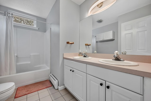 122 Carr Ave, Newington, CT 06111 - full bath with a baseboard heating unit, double vanity, tile patterned floors, shower / bath combination with curtain, and toilet