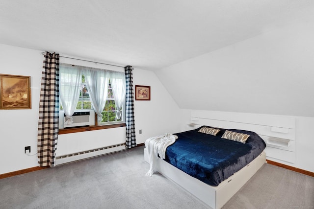 55 Indian Spring Rd, Woodstock, CT 06281 - bedroom featuring baseboard heating, baseboards, cooling unit, carpet floors, and vaulted ceiling