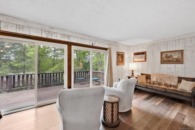 55 Indian Spring Rd, Woodstock, CT 06281 - living room with hardwood / wood-style flooring, an AC wall unit, and wood walls