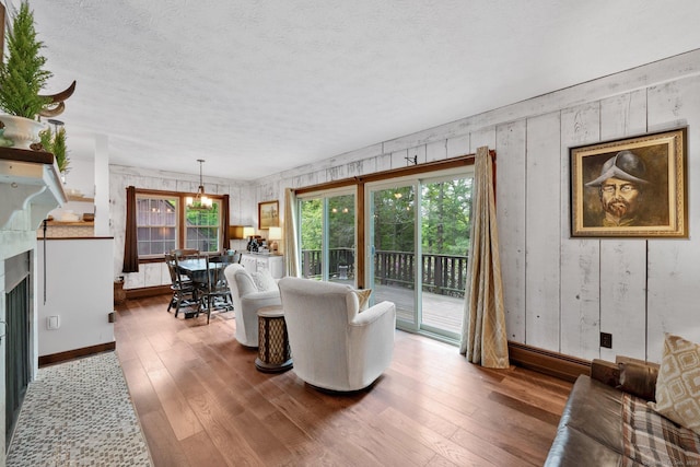 55 Indian Spring Rd, Woodstock, CT 06281 - living area with hardwood / wood-style floors, plenty of natural light, a textured ceiling, and a fireplace