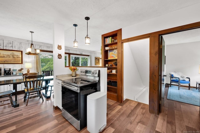 55 Indian Spring Rd, Woodstock, CT 06281 - kitchen featuring stainless steel electric range, wood finished floors, hanging light fixtures, a textured ceiling, and white cabinetry