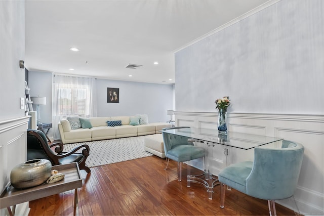 1633 Washington Blvd Unit 3A, Stamford, CT 06902 - living area featuring wood finished floors, a decorative wall, crown molding, wainscoting, and recessed lighting