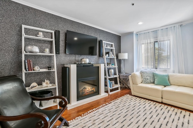 1633 Washington Blvd Unit 3A, Stamford, CT 06902 - living area with ornamental molding, wood finished floors, a glass covered fireplace, and built in features