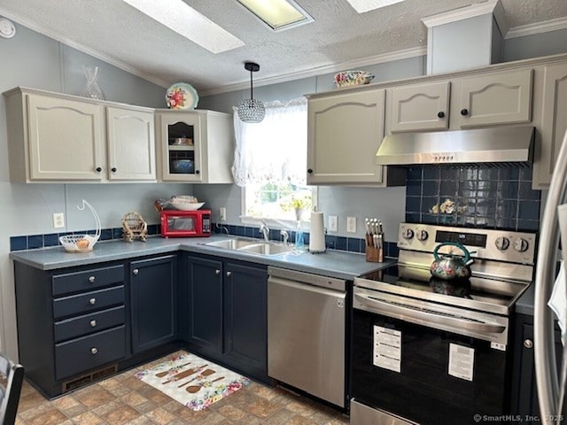 23 N Rd, Southington, CT 06489 - kitchen featuring appliances with stainless steel finishes, ventilation hood, a sink, ornamental molding, and pendant lighting