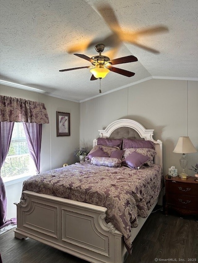 23 N Rd, Southington, CT 06489 - bedroom featuring crown molding, dark wood-type flooring, a textured ceiling, lofted ceiling, and ceiling fan