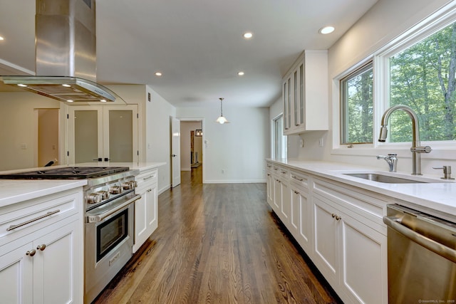 66 Penny Ln, Woodbridge, CT 06525 - kitchen featuring stainless steel appliances, island exhaust hood, a sink, white cabinets, and dark wood-style flooring