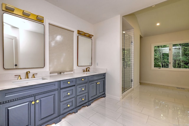 66 Penny Ln, Woodbridge, CT 06525 - full bath featuring baseboards, double vanity, a stall shower, and recessed lighting