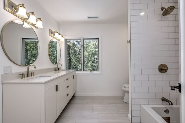 66 Penny Ln, Woodbridge, CT 06525 - bathroom featuring double vanity, toilet, baseboards, and shower / tub combination