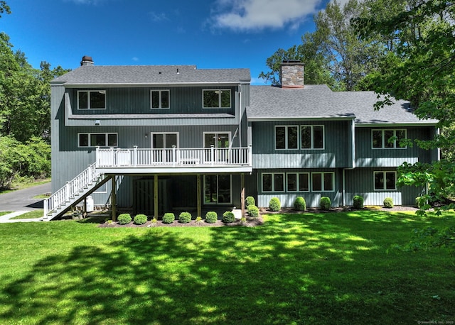 66 Penny Ln, Woodbridge, CT 06525 - back of house featuring a chimney, stairway, a wooden deck, and a shingled roof
