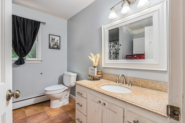 15 Brittany Dr, Durham, CT 06422 - full bathroom featuring baseboard heating, vanity, toilet, tile patterned flooring, and baseboards