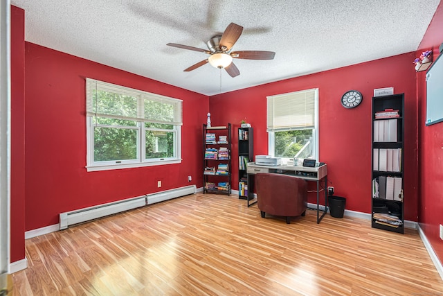 15 Brittany Dr, Durham, CT 06422 - office featuring a baseboard radiator, wood finished floors, ceiling fan, a textured ceiling, and baseboards