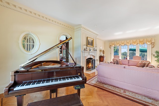 61 High Ridge Ave, Ridgefield, CT 06877 - living area with a warm lit fireplace and ornamental molding