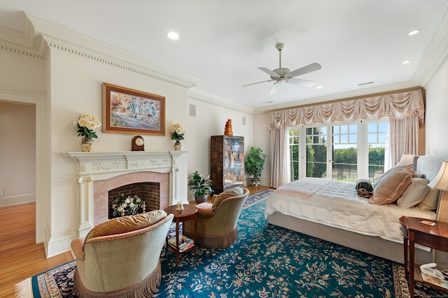 61 High Ridge Ave, Ridgefield, CT 06877 - bedroom with a premium fireplace, wood finished floors, crown molding, recessed lighting, and a ceiling fan