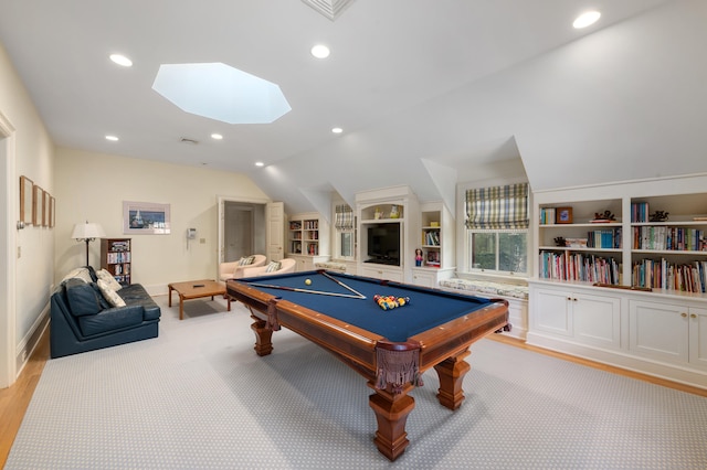 61 High Ridge Ave, Ridgefield, CT 06877 - playroom with built in shelves, recessed lighting, lofted ceiling, a skylight, and billiards