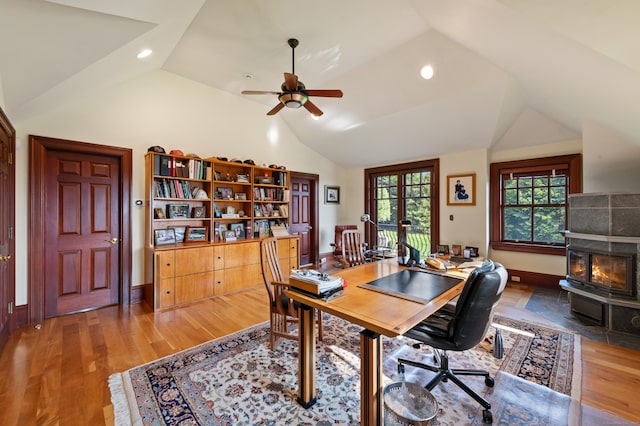 61 High Ridge Ave, Ridgefield, CT 06877 - office area with lofted ceiling, wood finished floors, a ceiling fan, baseboards, and recessed lighting