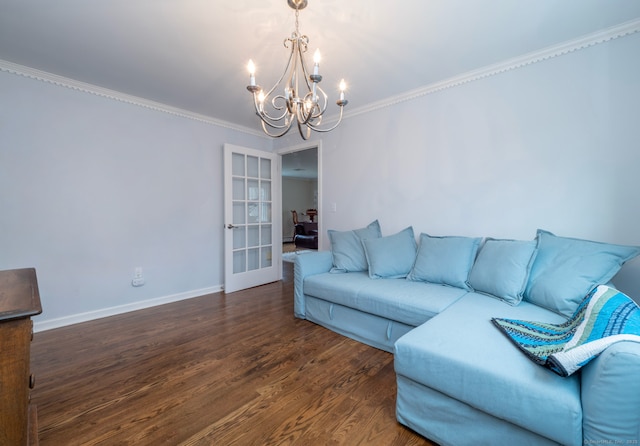 498 Nod Hill Rd, Wilton, CT 06897 - living room with a chandelier, crown molding, wood finished floors, french doors, and baseboards