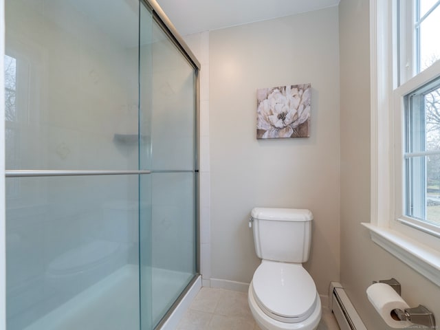 498 Nod Hill Rd, Wilton, CT 06897 - full bathroom featuring toilet, a shower with door, tile patterned floors, and a baseboard heating unit