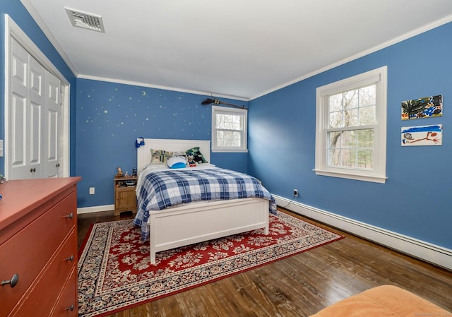 498 Nod Hill Rd, Wilton, CT 06897 - bedroom featuring ornamental molding, a baseboard radiator, wood finished floors, and baseboards