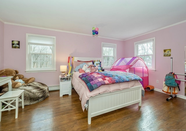 498 Nod Hill Rd, Wilton, CT 06897 - bedroom with ornamental molding, wood finished floors, baseboard heating, and baseboards