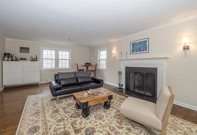 498 Nod Hill Rd, Wilton, CT 06897 - living area featuring ornamental molding, dark wood-type flooring, baseboards, a fireplace with raised hearth, and a baseboard heating unit