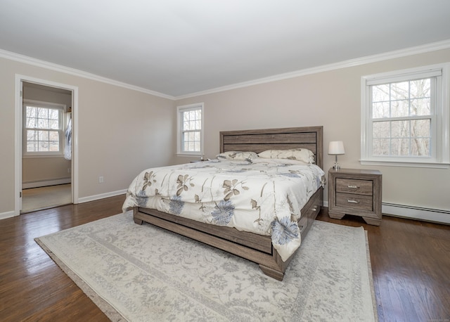 498 Nod Hill Rd, Wilton, CT 06897 - bedroom featuring a baseboard heating unit, crown molding, multiple windows, and dark wood-style flooring