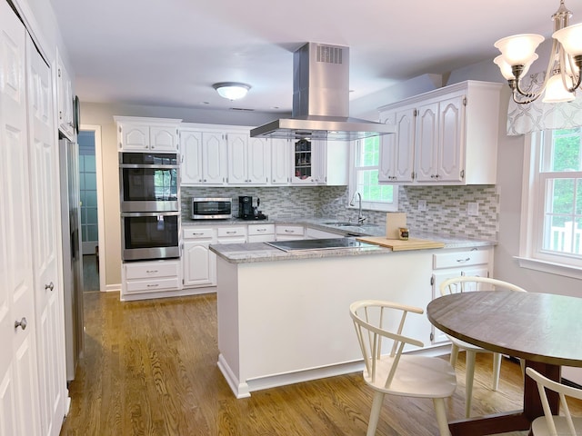 498 Nod Hill Rd, Wilton, CT 06897 - kitchen featuring island range hood, appliances with stainless steel finishes, a peninsula, a sink, and wood finished floors