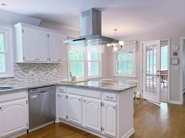 498 Nod Hill Rd, Wilton, CT 06897 - kitchen featuring island exhaust hood, dishwasher, black electric cooktop, a chandelier, and white cabinets