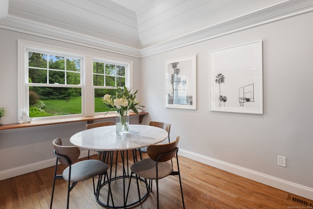 63 Fitch Ln, New Canaan, CT 06840 - dining space with wood finished floors, baseboards, and ornamental molding