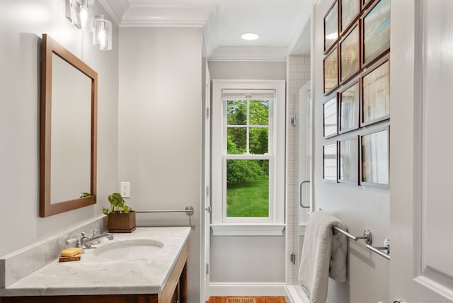 63 Fitch Ln, New Canaan, CT 06840 - full bathroom featuring vanity, crown molding, a stall shower, and recessed lighting