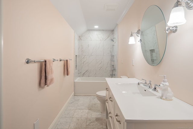 63 Fitch Ln, New Canaan, CT 06840 - bathroom with baseboards, marble finish floors, vanity, toilet, and washtub / shower combination