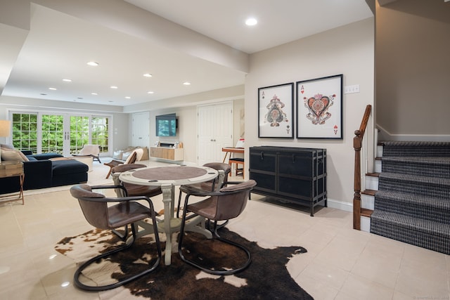 63 Fitch Ln, New Canaan, CT 06840 - dining space with light tile patterned flooring, stairs, recessed lighting, and baseboards