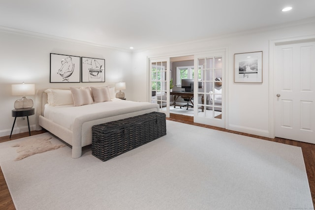 63 Fitch Ln, New Canaan, CT 06840 - bedroom featuring a desk, crown molding, dark wood-style floors, baseboards, and recessed lighting
