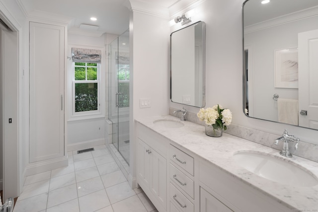 63 Fitch Ln, New Canaan, CT 06840 - full bath featuring ornamental molding, double vanity, a shower stall, recessed lighting, and baseboards