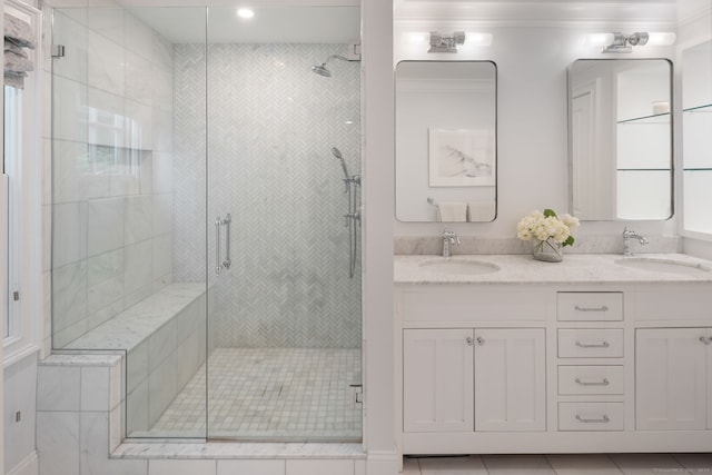 63 Fitch Ln, New Canaan, CT 06840 - full bath featuring a shower stall, double vanity, tile patterned flooring, and recessed lighting