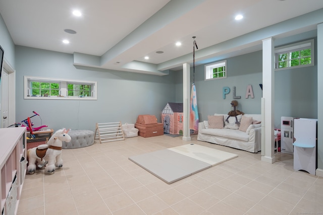 63 Fitch Ln, New Canaan, CT 06840 - recreation room with light tile patterned flooring and recessed lighting