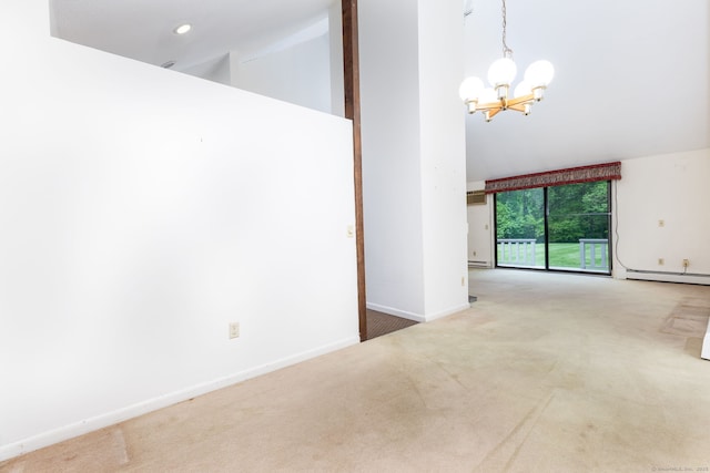 23A Yankee Glen Dr Unit 23A, Madison, CT 06443 - carpeted empty room featuring high vaulted ceiling, a baseboard heating unit, a chandelier, baseboards, and baseboard heating