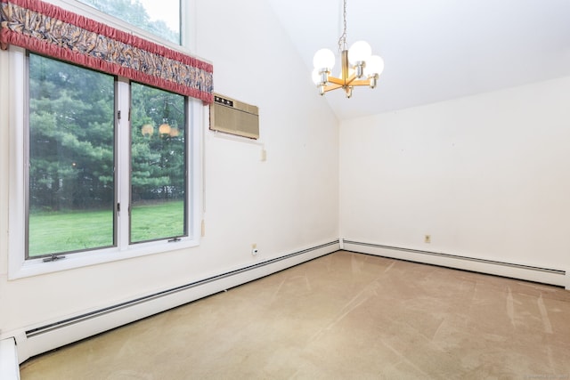 23A Yankee Glen Dr Unit 23A, Madison, CT 06443 - carpeted empty room featuring a chandelier, high vaulted ceiling, and a wall mounted air conditioner