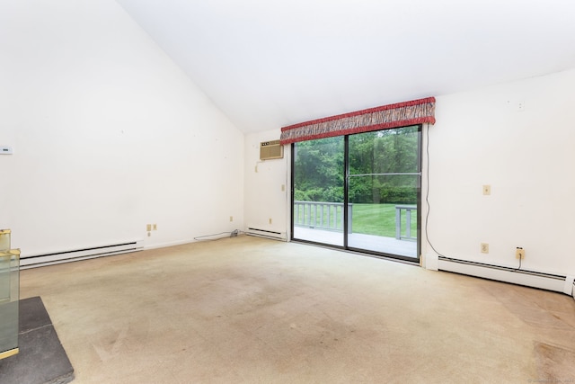 23A Yankee Glen Dr Unit 23A, Madison, CT 06443 - empty room featuring baseboard heating, carpet floors, high vaulted ceiling, and a wall mounted air conditioner