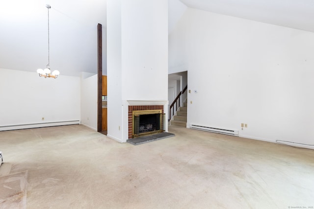 23A Yankee Glen Dr Unit 23A, Madison, CT 06443 - unfurnished living room featuring baseboard heating, high vaulted ceiling, a baseboard heating unit, a chandelier, and carpet flooring