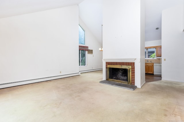 23A Yankee Glen Dr Unit 23A, Madison, CT 06443 - unfurnished living room featuring high vaulted ceiling, a brick fireplace, plenty of natural light, and carpet floors