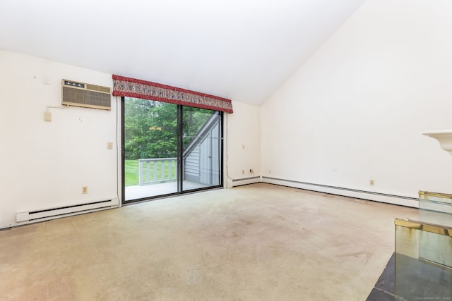 23A Yankee Glen Dr Unit 23A, Madison, CT 06443 - carpeted empty room with a baseboard heating unit, a baseboard radiator, high vaulted ceiling, and a wall unit AC