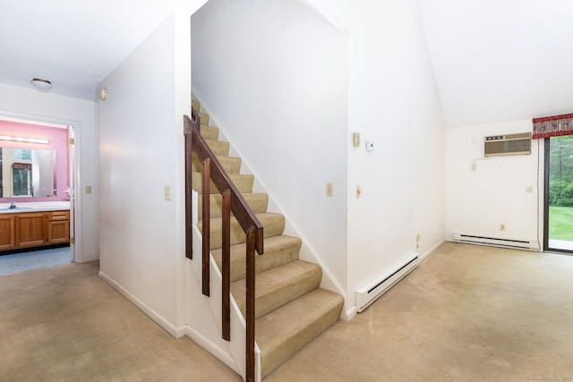 23A Yankee Glen Dr Unit 23A, Madison, CT 06443 - stairs featuring a baseboard heating unit, carpet flooring, an AC wall unit, and vaulted ceiling