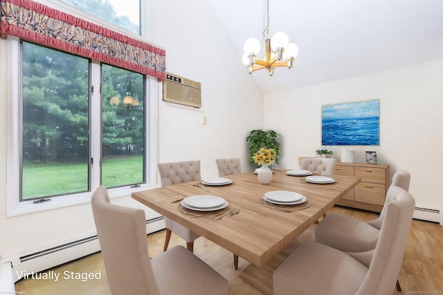 23A Yankee Glen Dr Unit 23A, Madison, CT 06443 - dining room with a chandelier, high vaulted ceiling, baseboard heating, a wall mounted air conditioner, and wood finished floors