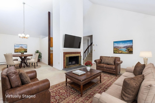 23A Yankee Glen Dr Unit 23A, Madison, CT 06443 - carpeted living room featuring high vaulted ceiling, a chandelier, a fireplace, a baseboard heating unit, and baseboards