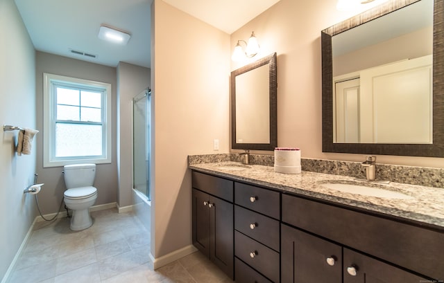 2 Redwood Ln, Southington, CT 06489 - full bathroom with toilet, double vanity, baseboards, tile patterned floors, and combined bath / shower with glass door