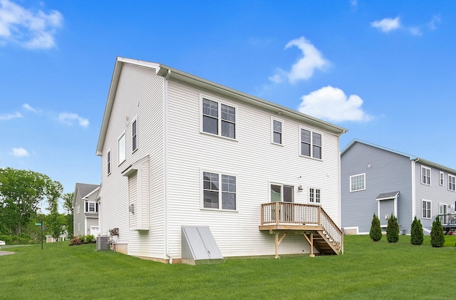 2 Redwood Ln, Southington, CT 06489 - back of property with central AC unit, a wooden deck, a yard, and stairway